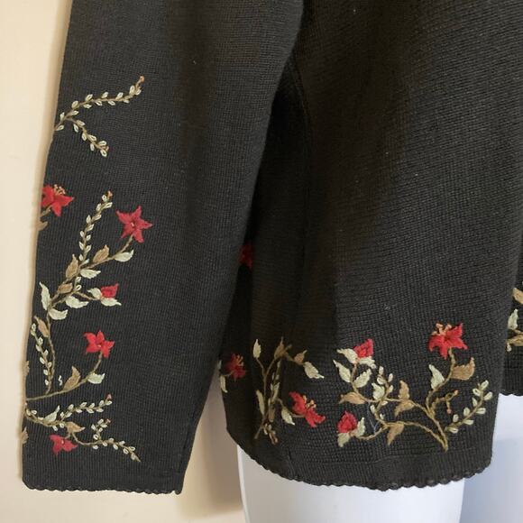 Peruvian Connection Black Floral Trim Pima Cotton Sweater Cardigan Size Large - Picture 10 of 16